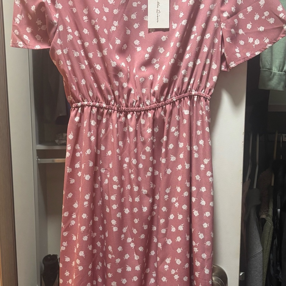 Mauve Pink Floral Elastic Waist Short Sleeve Dress
